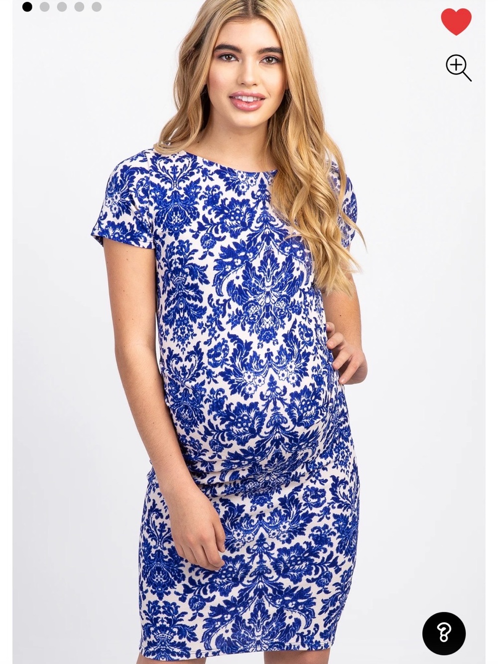 Maternity- Blue & White Floral Print Maternity Tee Dress; Pink Blush